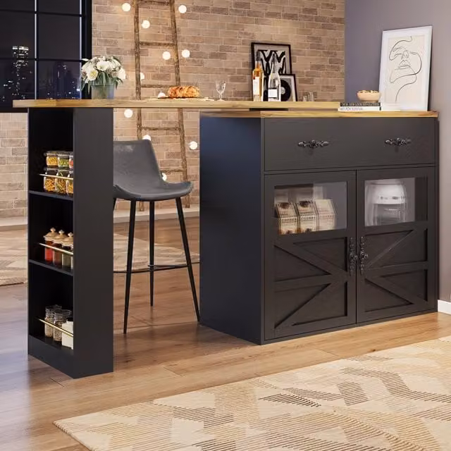 Tavolo bar estraibile Zephmum con rotazione a 360 gradi e ripiani, Nero, L: 104 cm, P: 39 cm, H: 66 cm