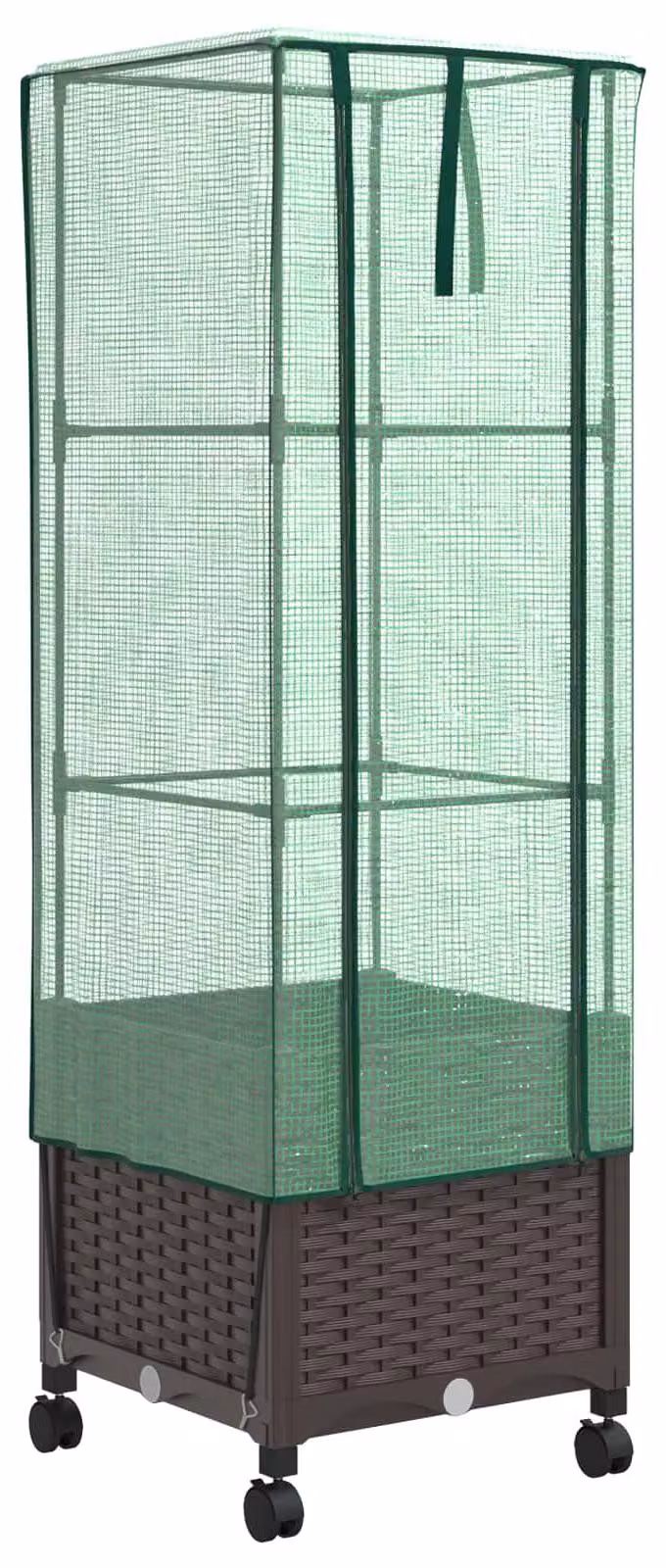 Vaso da giardino con copertura a serra e ruote, colore marrone, materiale: polipropilene