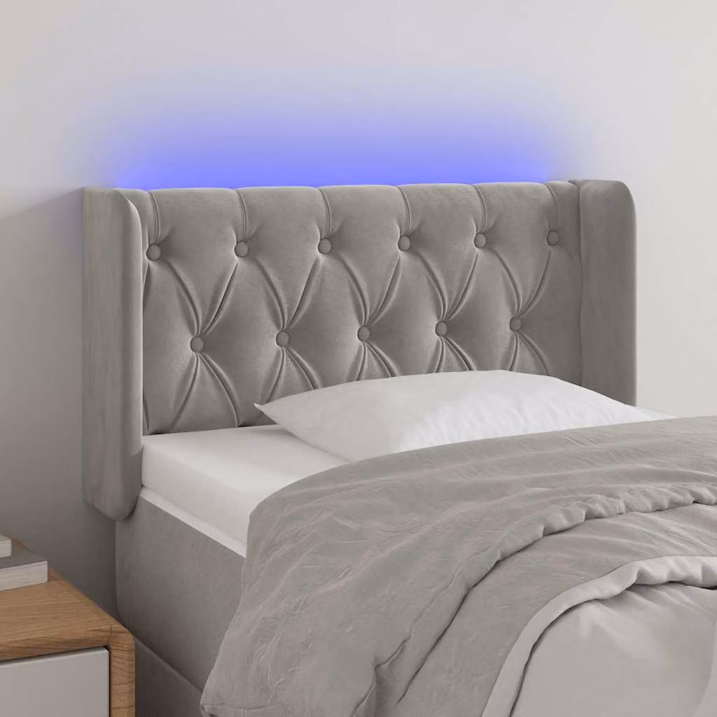 Testiera per letto vidaXL in velluto grigio chiaro con illuminazione LED e porta di ricarica USB, L: 83 cm, P: 16 cm, H: 78-88 cm