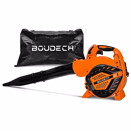 BOUDECH NIUP 26 - Soffiatore aspiratore 26cc trituratore di Foglie. Soffiatore 3in1 con Sacca di Raccolta da 40L. Motore a Scoppio 2 Tempi Euro V 7500 RMP