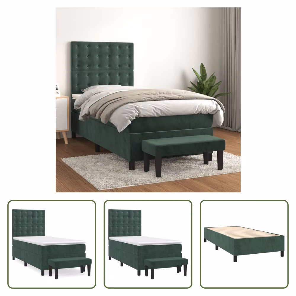 The Living Store Letto a molle con materasso verde scuro 80x200 cm in velluto