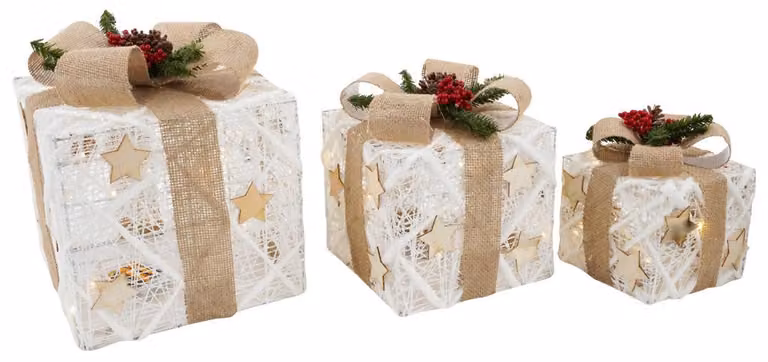 Set 3 Pacchi di Natale con LED in Plastica Oro con Stelle
