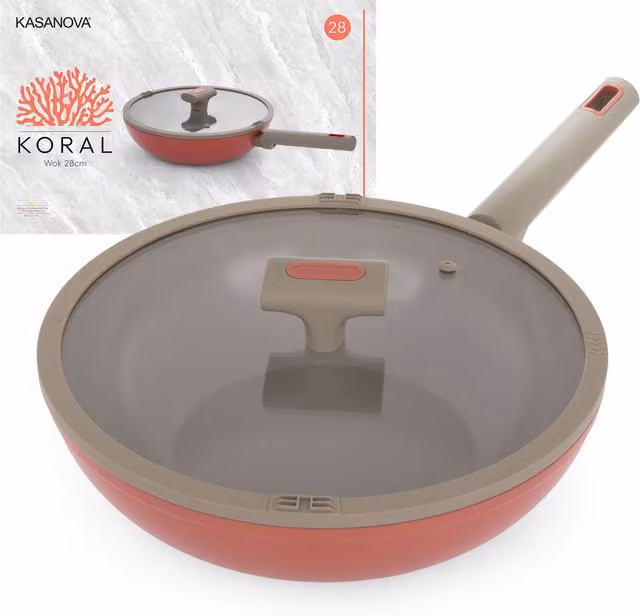Wok Kasanova con coperchio in vetro, rivestimento ceramico antiaderente, diametro 28 cm, colori arancione e rosso