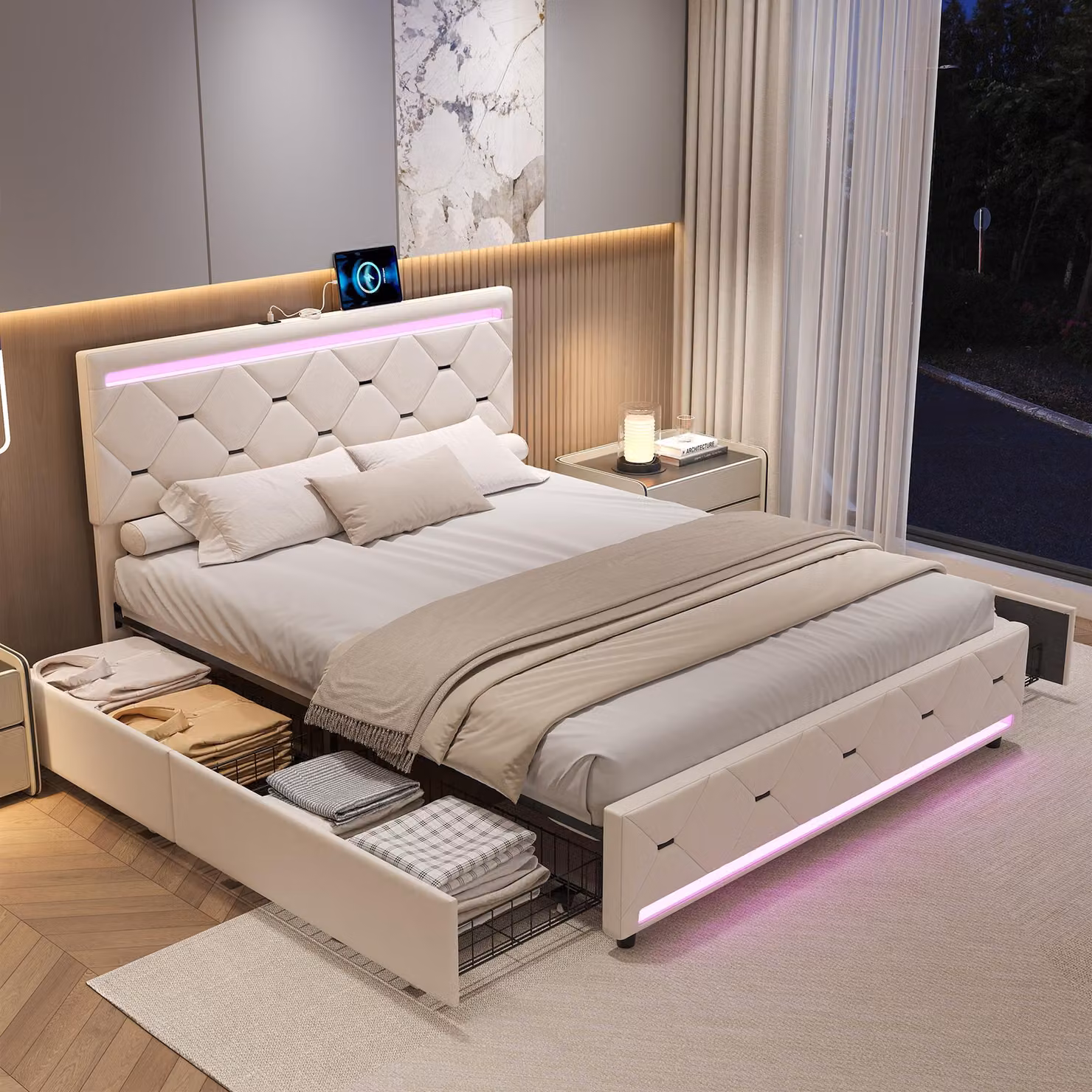 Letto Moonbite con contenitore, dimensioni 160x200 cm, rivestito in velluto beige, 4 cassetti, illuminazione LED e porte USB, imbottitura su tutti i lati