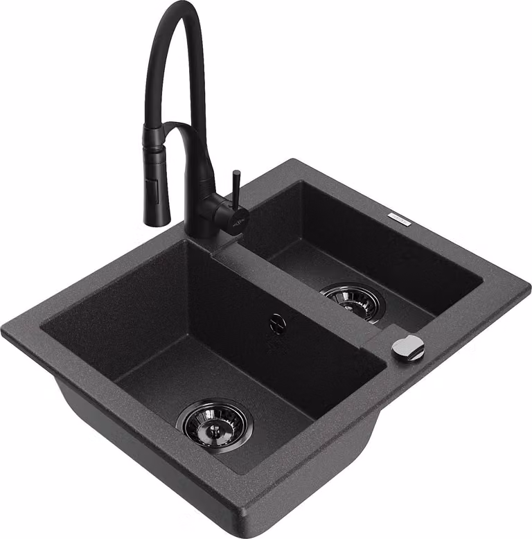Mexen Carlos Lavello in Granito 1,5 Vasche con Miscelatore da Cucina Aster, Nero con Macchioline - 6518-76-73450-70-B