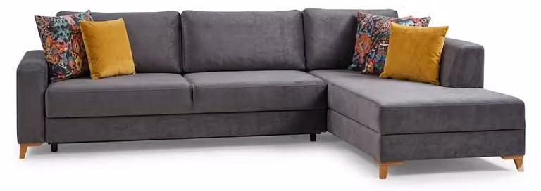 Divano ad angolo a forma di L, grigio, rivestito in tessuto, con struttura in legno, design moderno e contemporaneo, tinta unita, confortevole