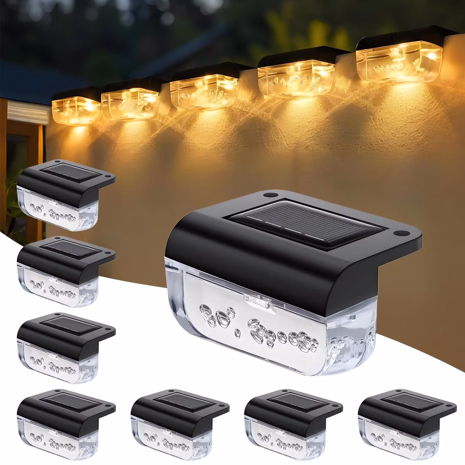 Set di 8 luci solari per recinzioni, LED, luce bianco caldo, grado di protezione IP44, per uso esterno