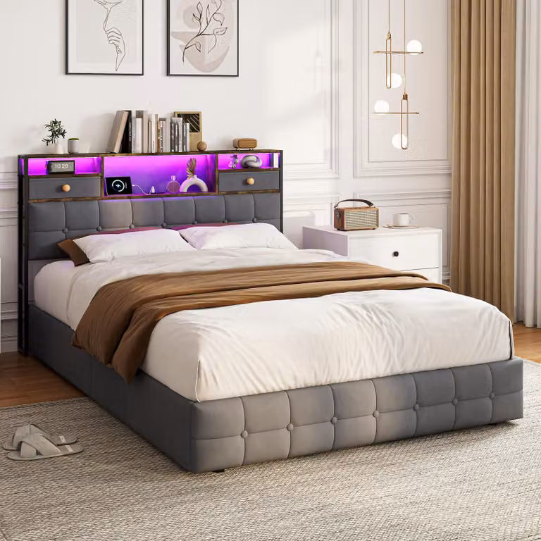 Letto imbottito REMZETTA, 140x200 cm, grigio, con LED, USB e Type-C, testiera con spazio contenitore e contenitore a cassetto integrato