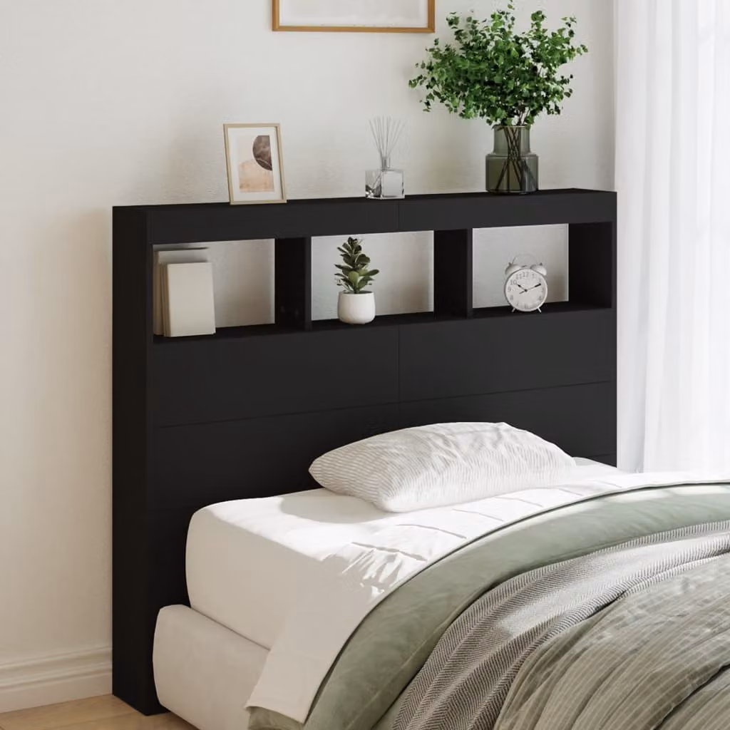 Testiera con Contenitore vidaXL Nera con Illuminazione LED, Ripiano Integrato e Porta USB, L 120 x P 17 x H 102 cm