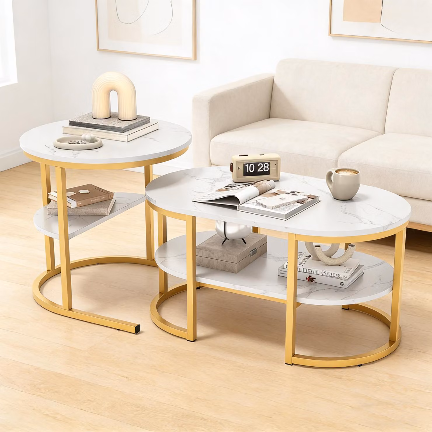 INONEFT, set di 2 tavolini, con motivo marmorizzato e struttura in metallo, tavolini laterali, tavolini da caffè, design moderno, ideali per soggiorno e camera da letto