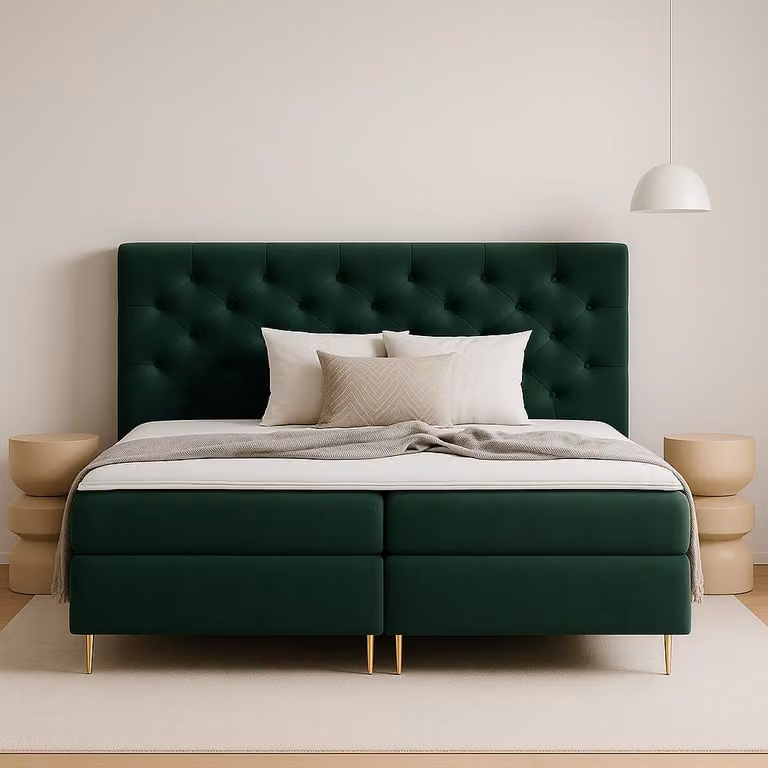 GUTTO Letto a molle LIVIA 200 x 200 cm 2x Contenitore TOPPER 5cm Velluto verde sciolto Gambe alte dorate