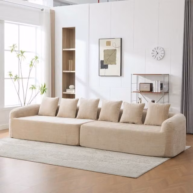 Divano con chaise longue in ciniglia kaki chiaro