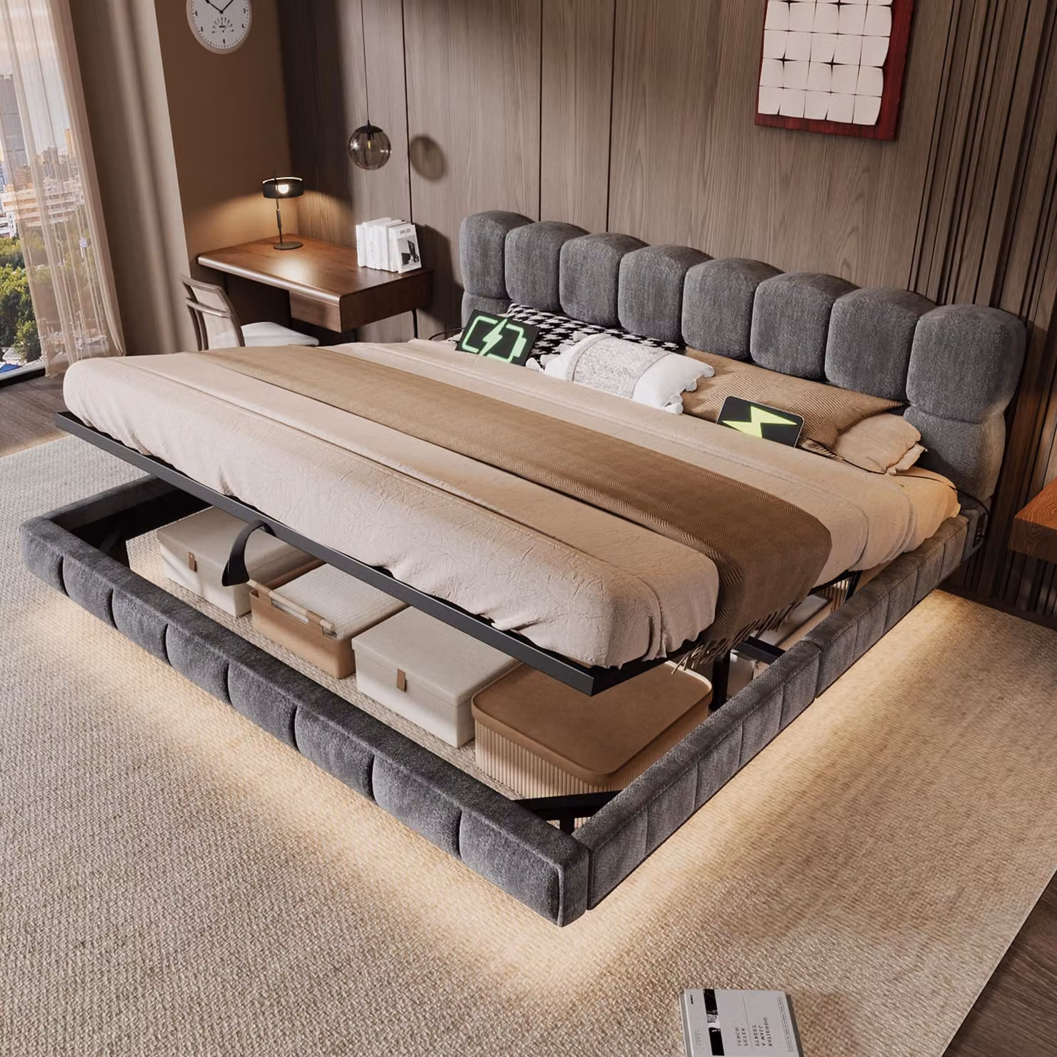 Letto imbottito Flieks 180x200 cm con USB e porta Type-C, letto con contenitore a sollevamento idraulico rivestito in ecopelle, letto matrimoniale per ragazzi con spazio contenitore, letto con meccanismo a sollevamento idraulico, rivestito in velluto, col