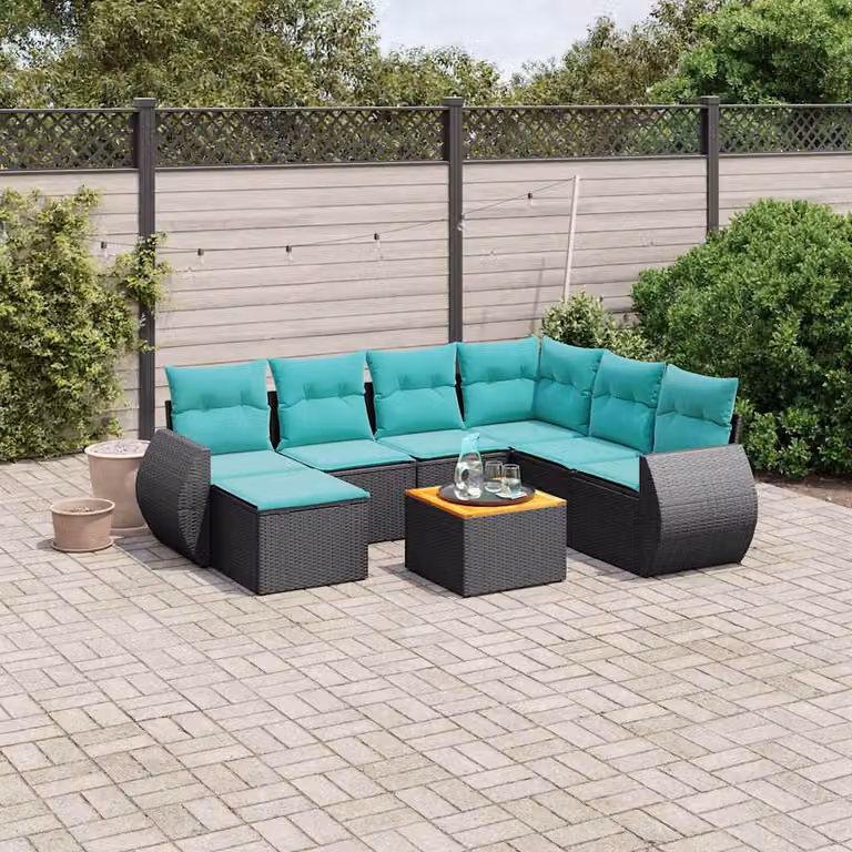 Set di divani da giardino vidaXL in polyrattan nero con cuscini, tavolino e pouf, configurazione a L con orientamento a sinistra