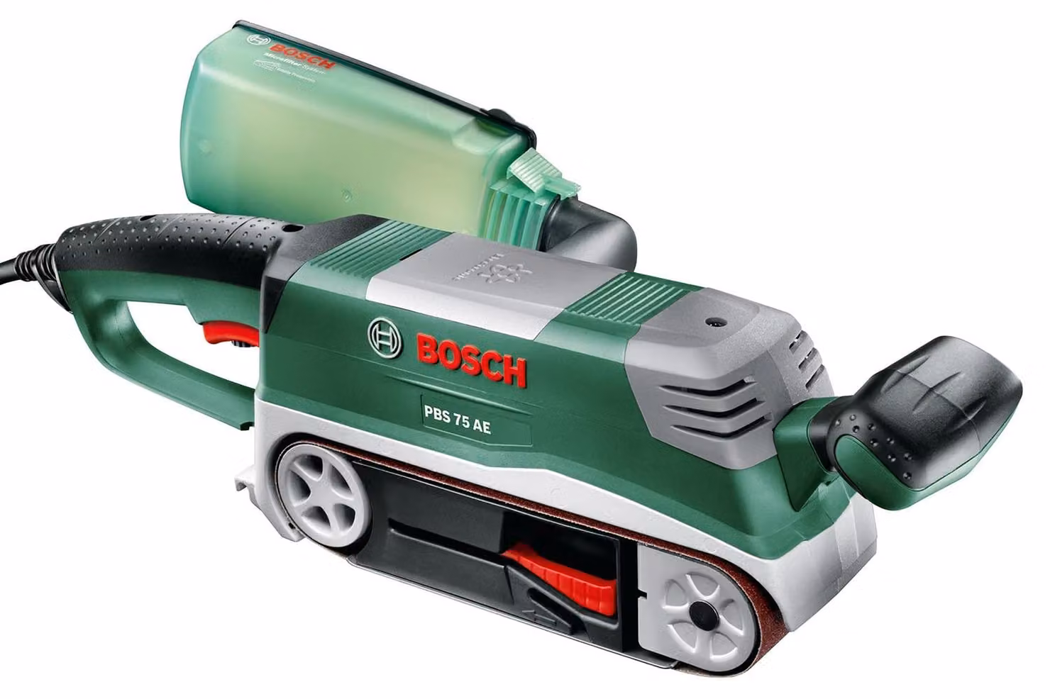 Set levigatrice a nastro Bosch PBS 75 AE (750 W, velocità nastro 200-350 m/min, superficie di levigatura 165x76 mm, in valigetta)