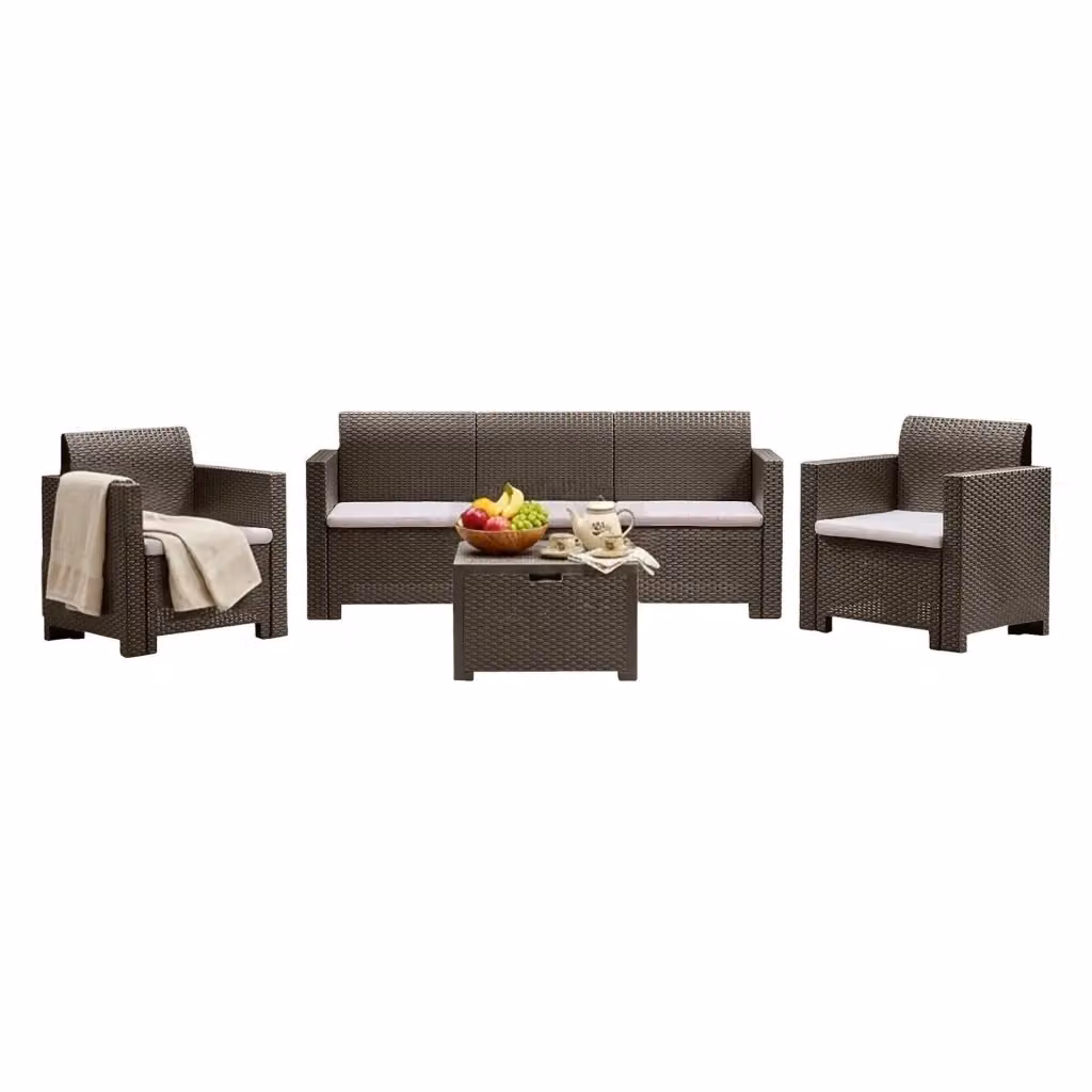 Set salotto da esterno Admiral DMORA con divano a 3 posti, poltrona lounge e tavolino da caffè, colore tortora, resistente alle intemperie e con cuscini inclusi – 2