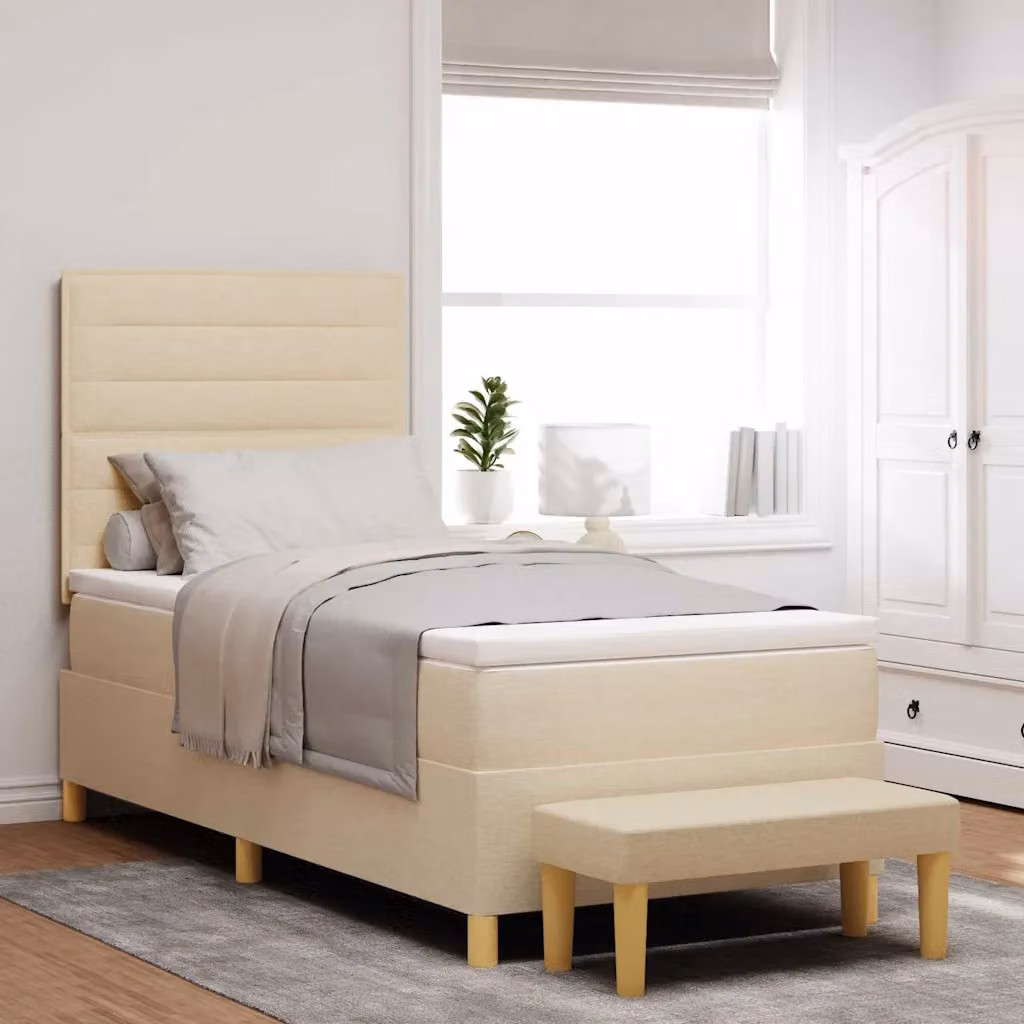 Letto a molle con testiera vidaXL in tessuto beige L 200 cm x P 90 cm x H 128 cm