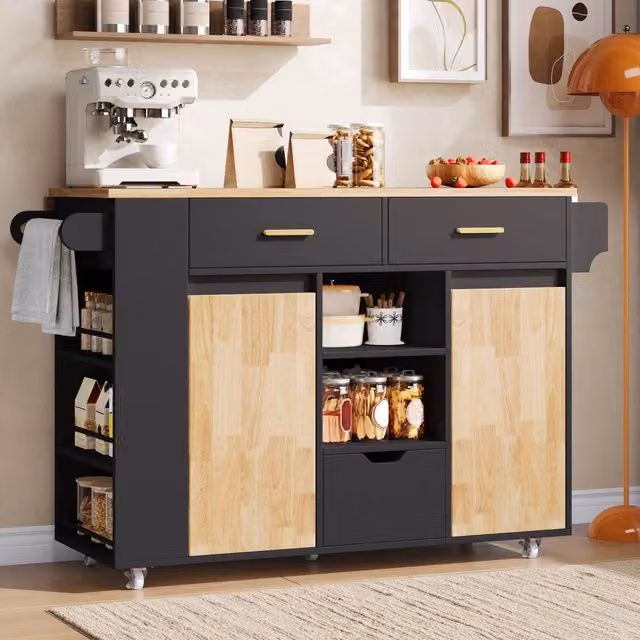 Carrello da cucina con piano pieghevole, 3 cassetti e ripiani, ruote bloccabili, MDF nero naturale, 120 × 45(71) × 90 cm