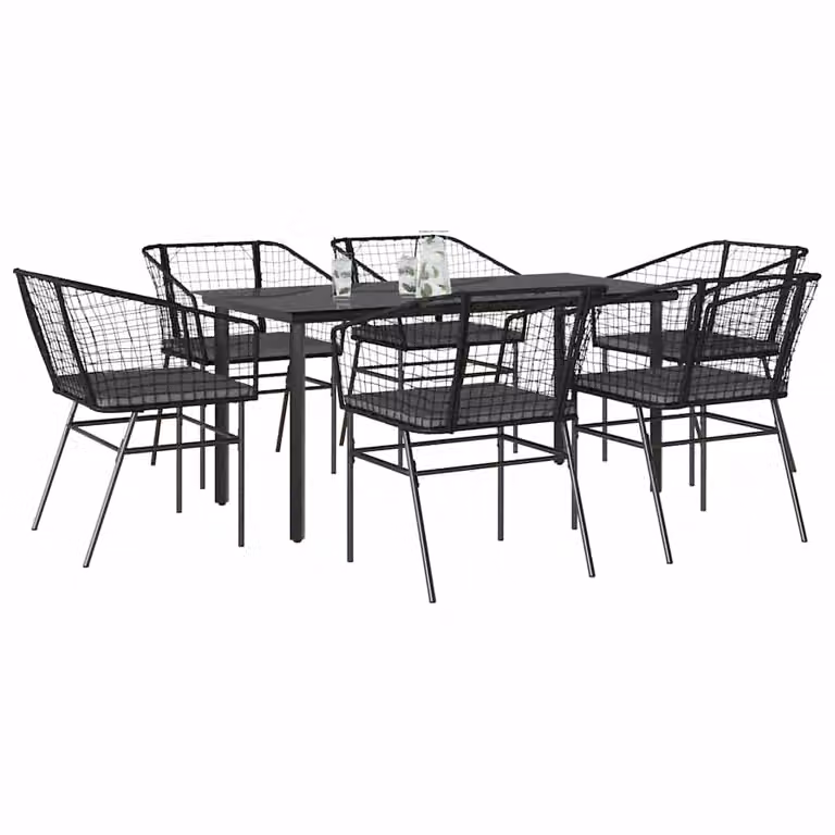 Set da pranzo da giardino vidaXL in 7 pezzi in polyrattan e vetro nero e grigio con cuscini