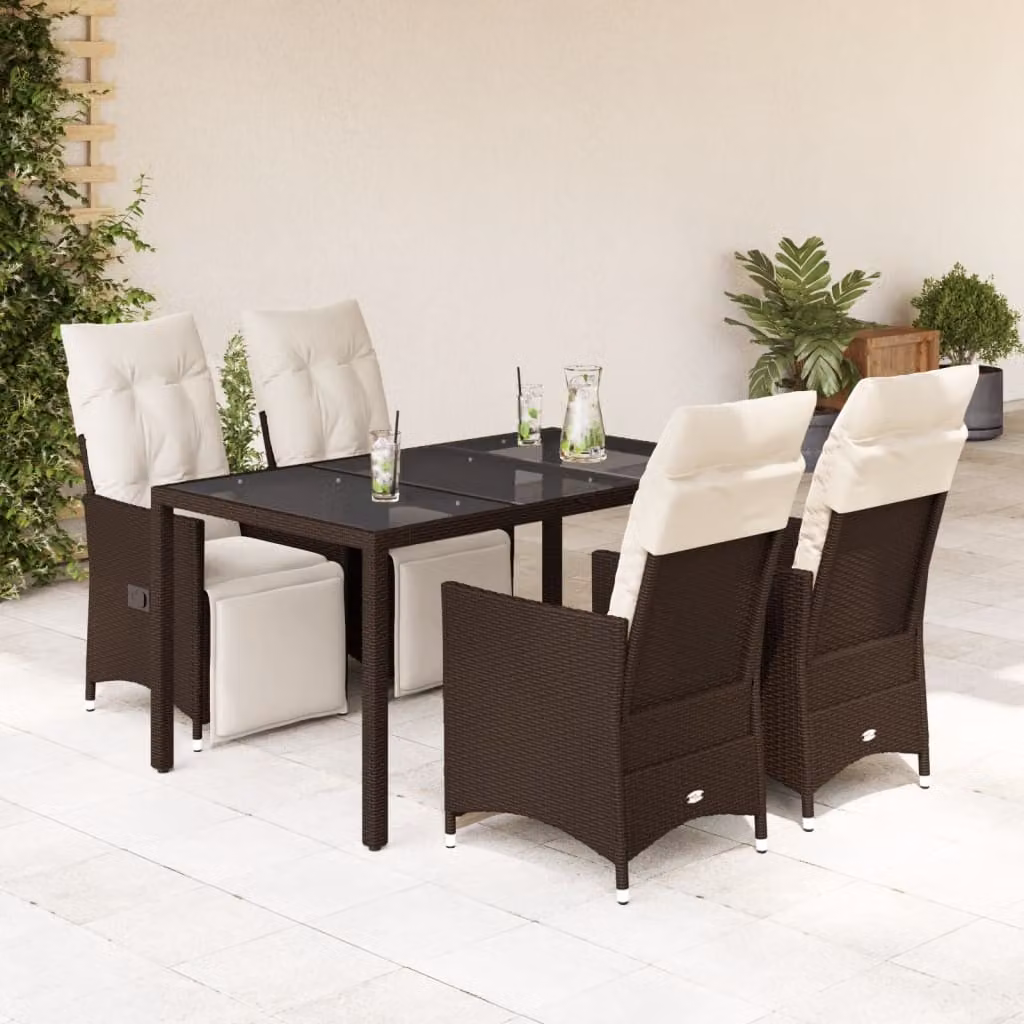 Set Bistrò da Giardino e Balcone vidaXL in Polyrattan Marrone con Cuscini e Tavolo in Vetro, 5 Pezzi – 1