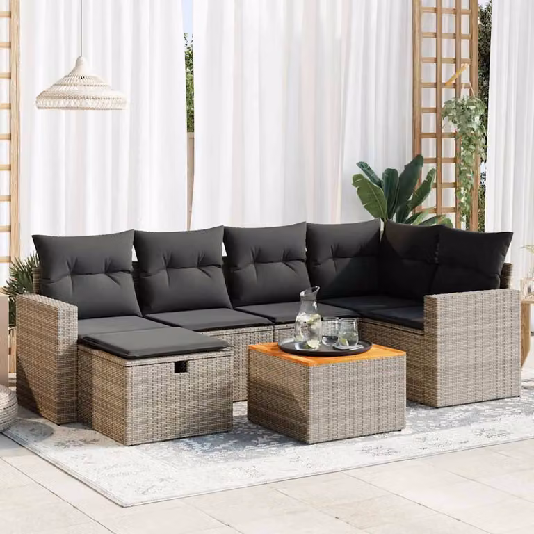 Set da giardino vidaXL composto da 7 pezzi con cuscini in polyrattan e legno di acacia, design moderno a forma di L, colore grigio e marrone