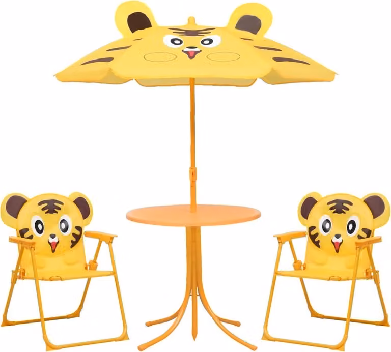 Set da giardino per bambini, composto da 3 elementi (tavolo e due sedie), con ombrellone, colore giallo