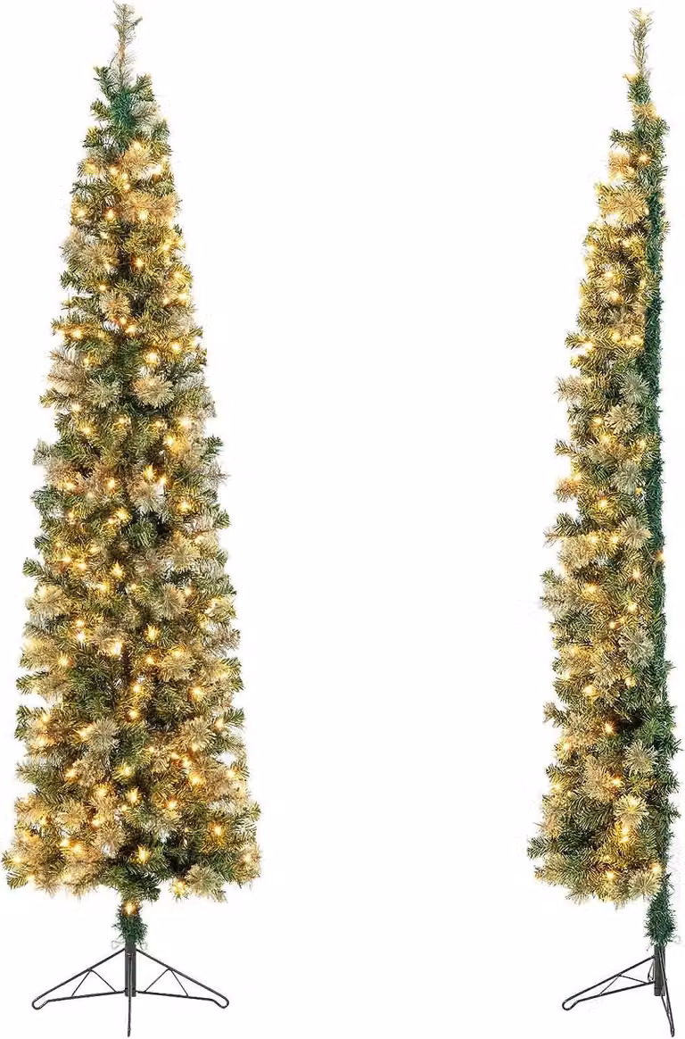 COSTWAY 210cm Mezzo Albero di Natale Artificiale Illuminato, albero di Natale con 150 luci LED, albero di Natale angolare con supporto in metallo, albero di Natale artificiale, per ufficio, casa, festa