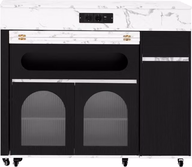 Isola cucina nera con ruote, tavolo allungabile con prese elettriche e ripiani in vetro smerigliato, mobile con cassetto per cucina e sala da pranzo