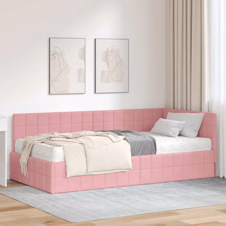 vidaXL Letto Angolare con 2 Materassi in Velluto Rosa, L/P/H: 90 x 190 cm