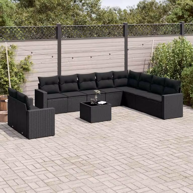 vidaXL Set Divani da Giardino 11 pz a Forma a L con Tavolino e Cuscini, Colore Nero