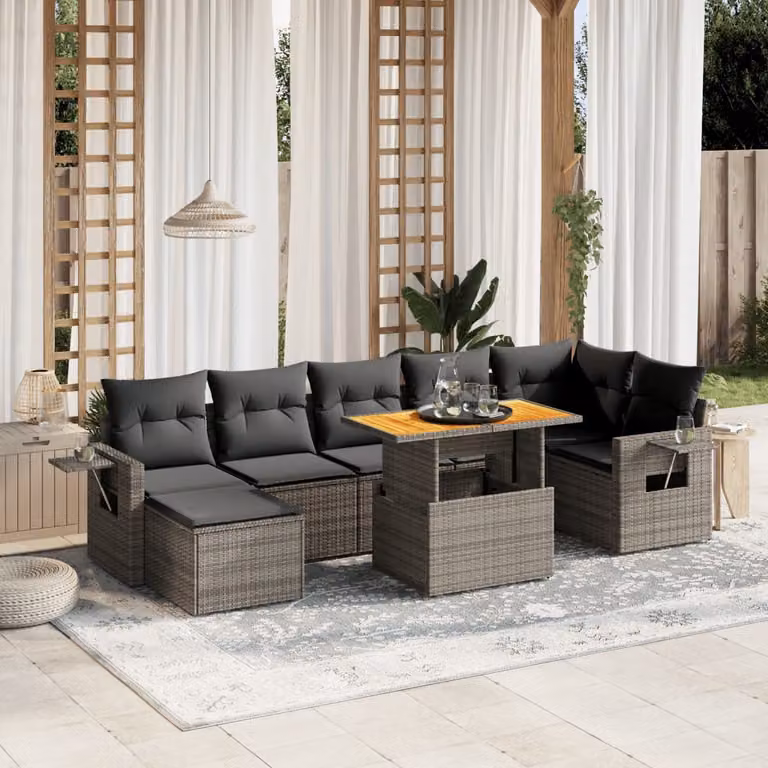 vidaXL Set Divano da Giardino 8 pz in Polyrattan Grigio con Cuscini e Tavolino da Caffè