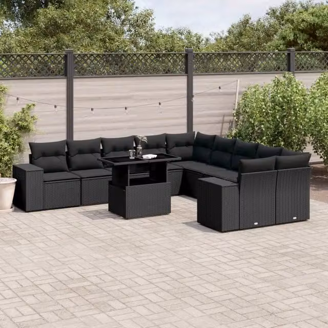 Set di Divani da Giardino a L vidaXL in Polyrattan Nero con Cuscini e Tavolino da Esterno 11 Pezzi