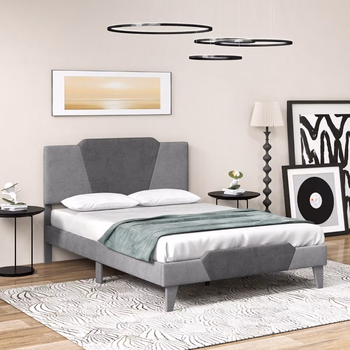Letto matrimoniale Costway con struttura imbottita, testiera e doghe in legno massello, Grigio, L/P: 140 x 200 cm