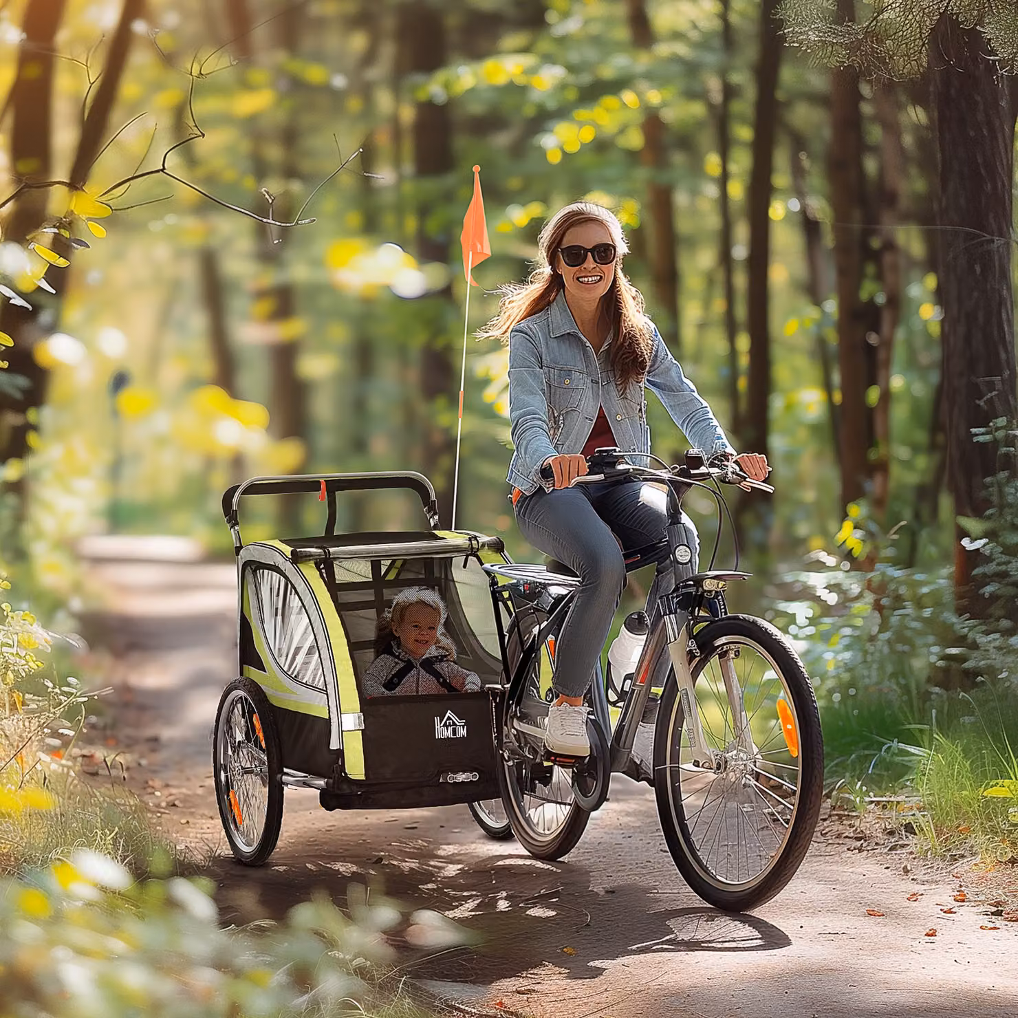 Rimorchio per bicicletta 2 in 1 e passeggino HOMCOM per 2 bambini, giallo con catarifrangenti e bandierina – 2