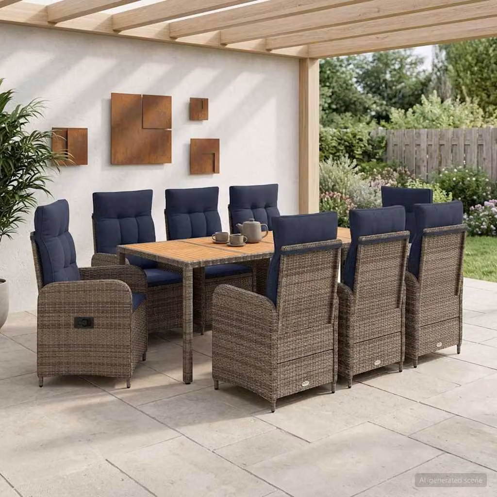 Set da pranzo per esterni vidaXL in polyrattan e legno di acacia marrone, 9 pezzi