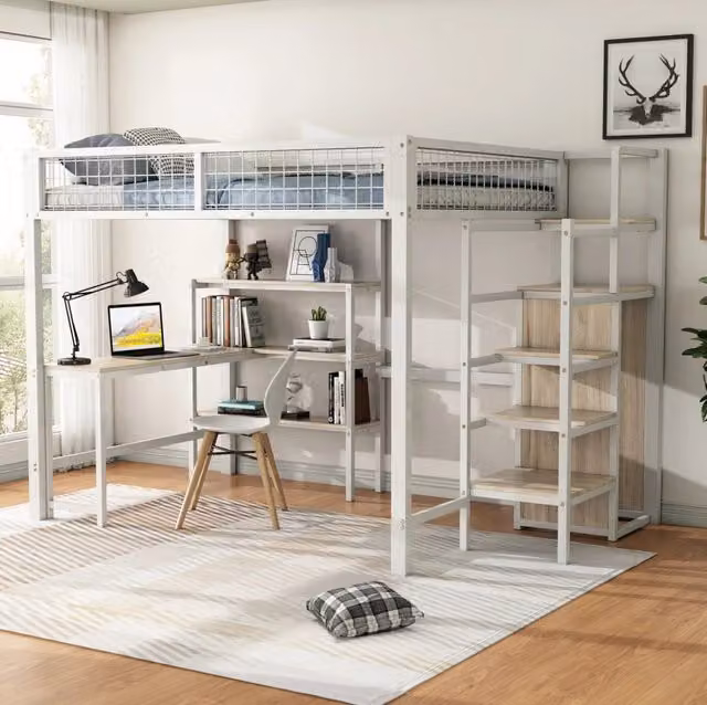 Letto a soppalco 140x200 cm con scrivania; scaffali e armadio; metallo e MDF; bianco