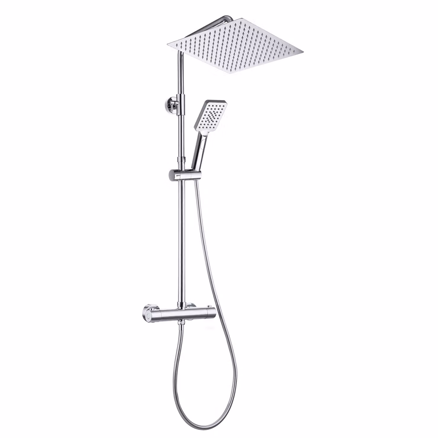 JOHO Colonna Doccia con Termostato, Fori Regolabili, Cromo, Asta Doccia Acciaio Inox Set Doccia a Pioggia con Miscelatore, Doccetta, Soffione 30x30cm