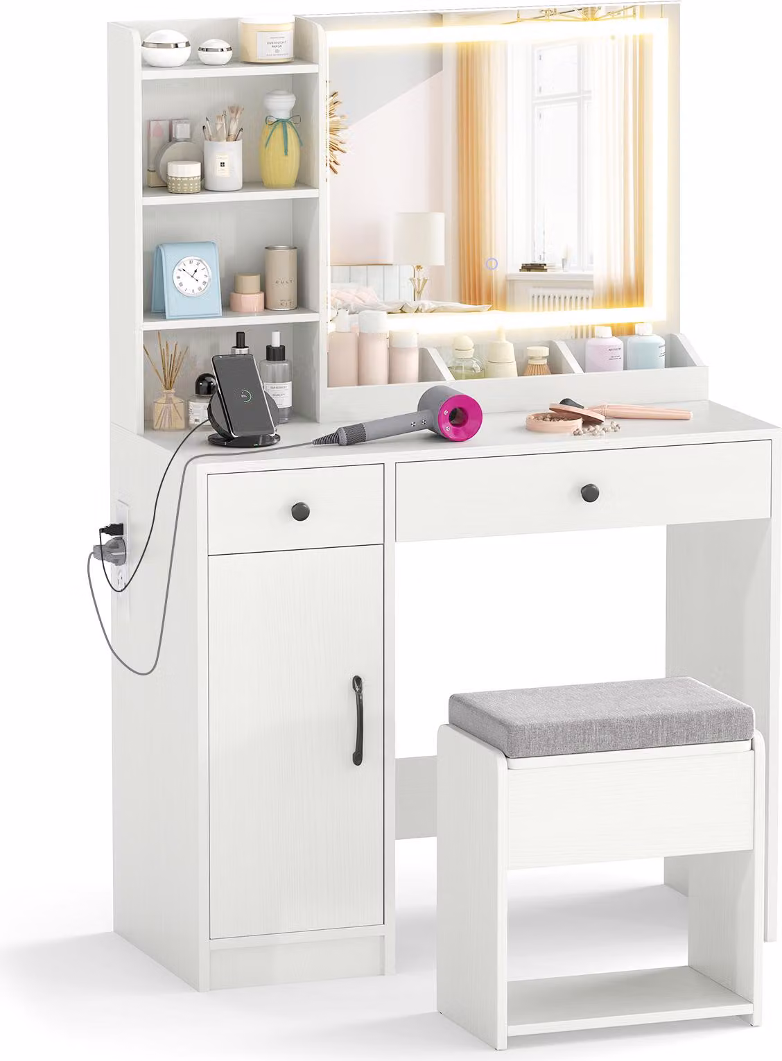 Tavolino da toilette COSTWAY, set da toilette con specchio LED, sgabello, prese di corrente, armadietto, 2 cassetti, 3 ripiani e 3 scomparti Tavolino per cosmetici 90x40x135cm Bianco