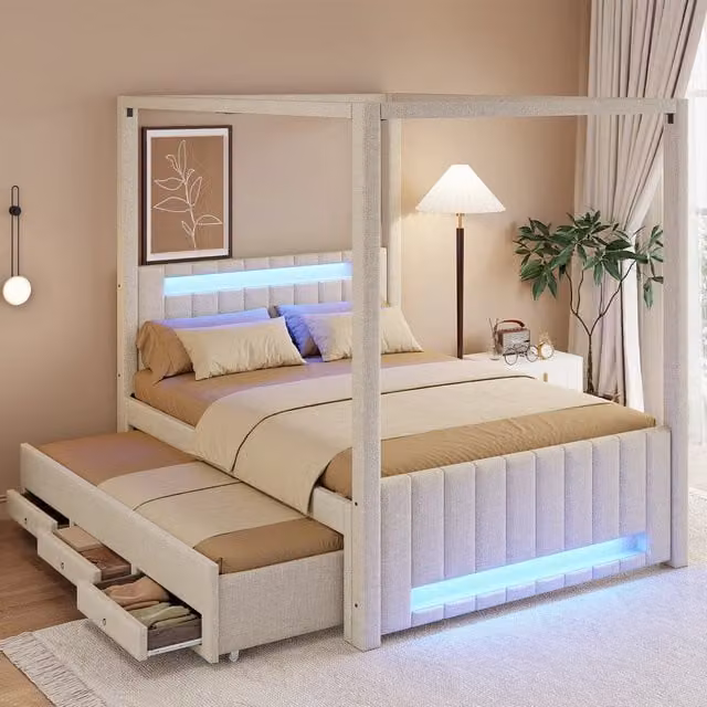 letto a baldacchino imbottito lino mdf beige 140 x 200 cm