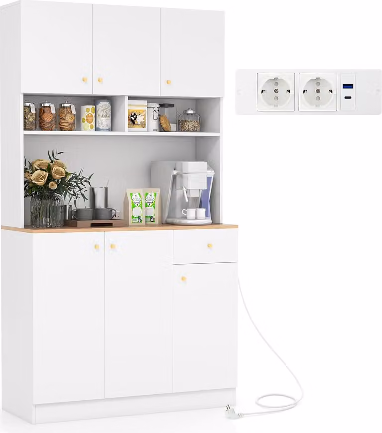 Armadio da cucina COSTWAY, credenza con prese elettriche e porte USB e Type C, armadio alto con ripiani, armadio contenitore, 100x40x181 cm, bianco