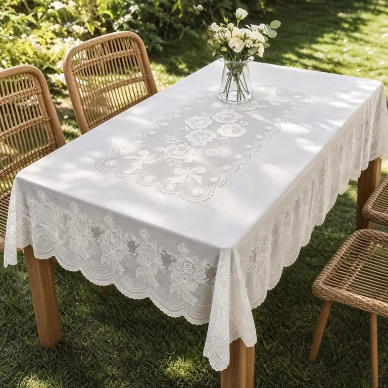 Solidchoice - Tovaglia da esterno bianca per tavolo da giardino, con bordo in pizzo, realizzata in PVC resistente alle intemperie