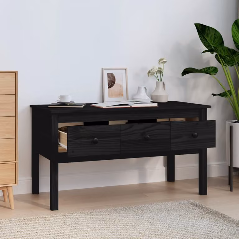 The Living Store tavolino nero 102x49x55 cm in legno di pino massiccio