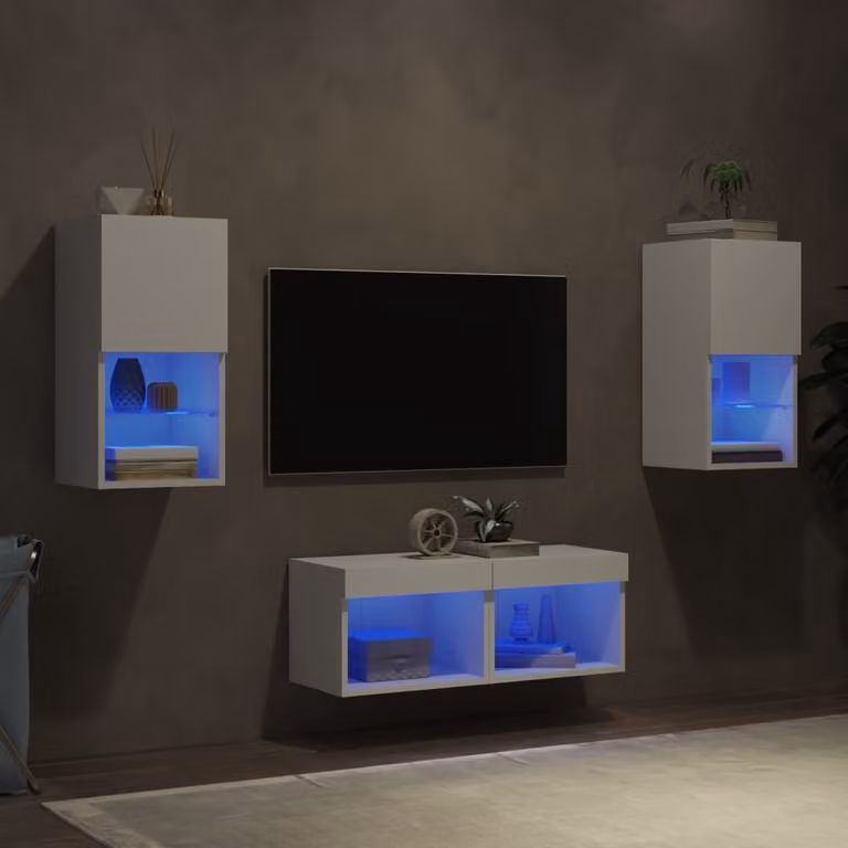 Mobile TV a muro moderno vidaXL in 4 pezzi con luci LED integrate, colore bianco, L: 40 cm, P: 30 cm, H: 30 cm