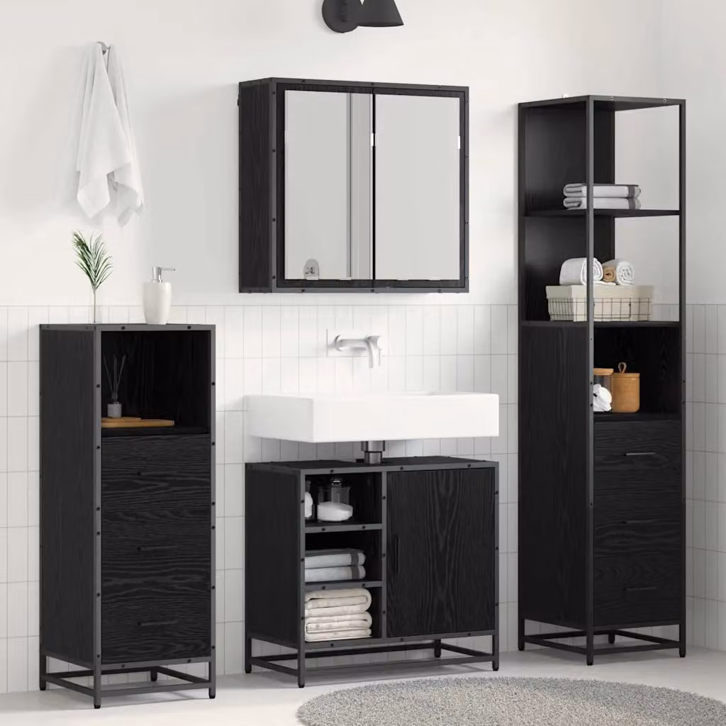 Set di mobili per il bagno moderno vidaXL 4 pezzi in rovere e nero con armadietto a specchio, mobile lavabo, mobile laterale e colonna alta L/P/H: 65 x 33 x 166 cm – 1