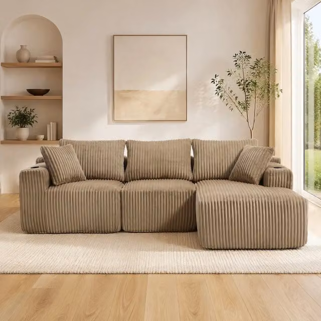 Divano modulare con chaise longue e 2 posti; 257x90-160x62 cm; in corduroy khaki