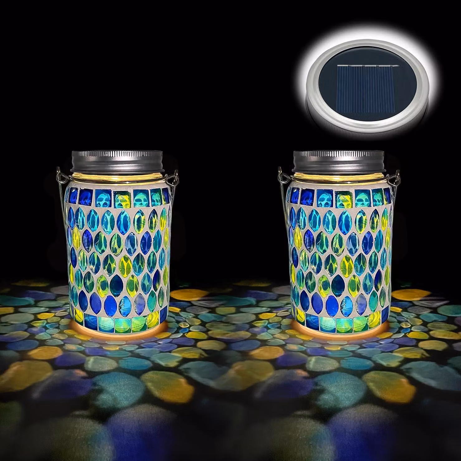Set di 2 lampade in vetro mosaico solare, grado di protezione IP65, luce bianco caldo, colore blu
