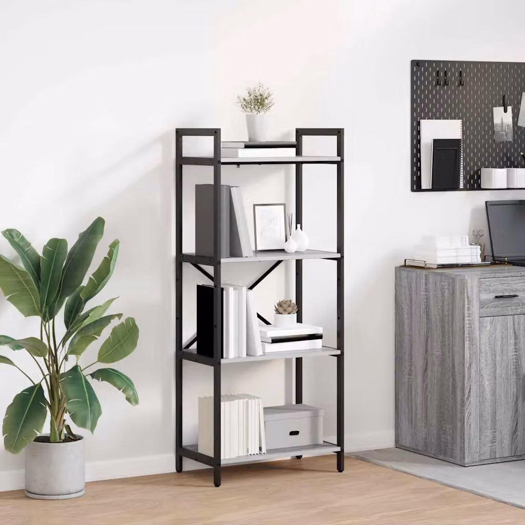 Libreria a 4 livelli vidaXL in stile industrial con legno e metallo, L/P/H: 56 x 34 x 133,5 cm, Grigio e Nero