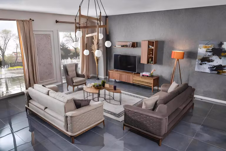 Garnitur Sofagarnitur Luxus 3+3+1 Sitzer Sofa Stoff Sessel Sofas Modern Braune