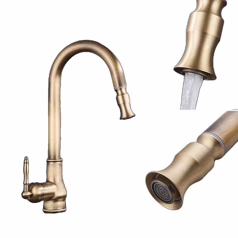 Rubinetto da cucina estraibile, design monocomando, elegante finitura in ottone, ottone antico