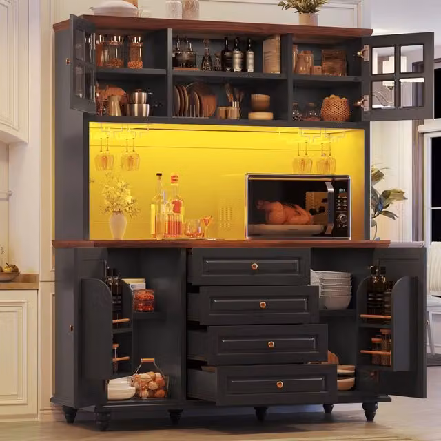Highboard da cucina WISHDOR nero opaco con LED RGB, ripiani regolabili, 4 cassetti e portabicchieri in metallo, MDF e legno di caucciù, L/P/H: 40.0 x 69.0 x 179.5 cm